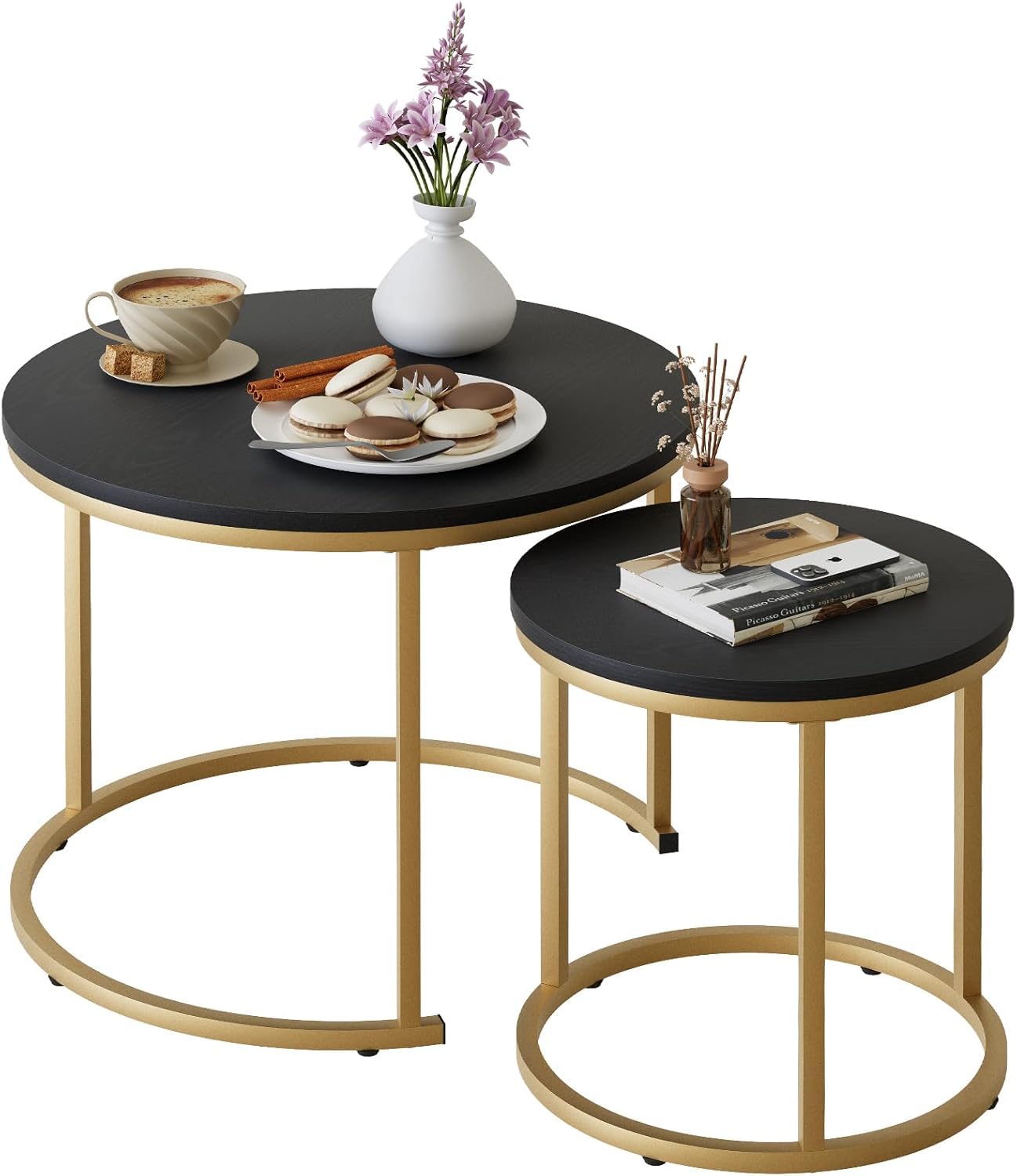 Huhote Lot de 2 tables basses rondes, tables d'appoint, tables gigognes, tables d'appoint avec cadre en métal pour salon, chambre, balcon, bureau, appartement, diamètre 60 cm (cadre doré, dessus noir)