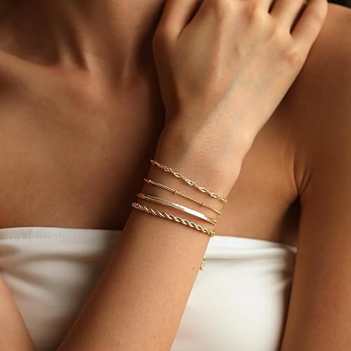 Miniatura 2 de Gold Bracelets for Women, 14K Gold Layered Bracelets Set Dainty Herringbone Chain Paperclip Link Bracelets Gold Cuban Bracelets for Women
