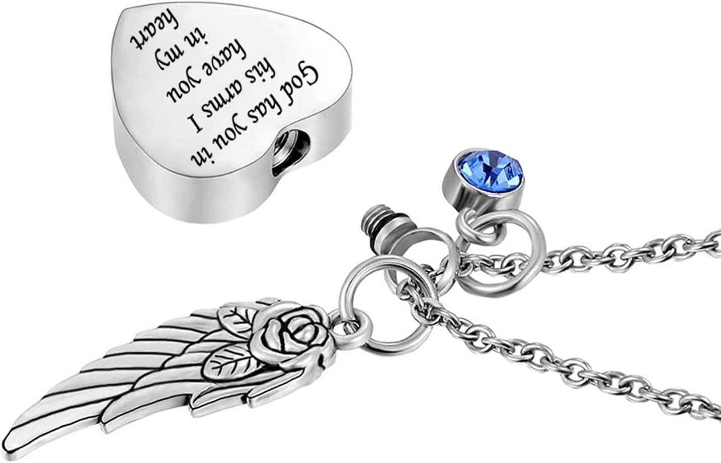 God has You in his arms with Angel Wing Charm Cremation Ashes Jewelry Keepsake Memorial Urn Necklace with Birthstone Crystal - Image 3