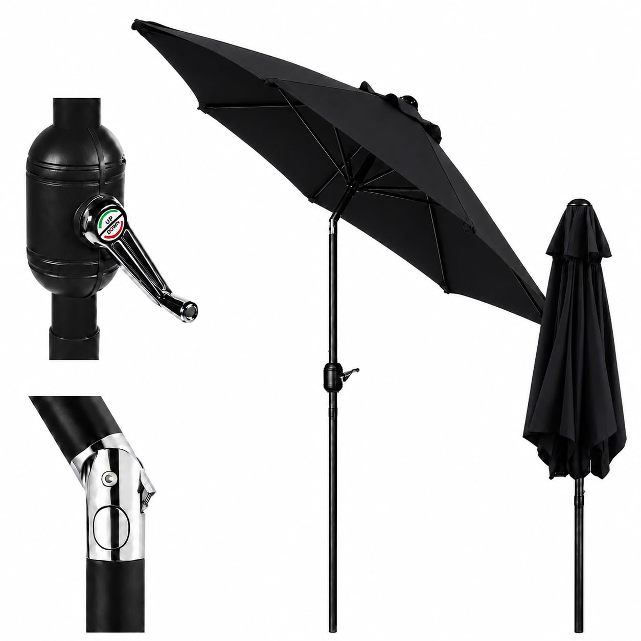 Alfresia Black 2M Garden Parasol With Crank Handle & Tilt Function, Water-Resistant Patio Umbrella With Steel Pole & 6 Ribs, Outdoor Sun Shade Canopy For Garden Table, Patio & Decking