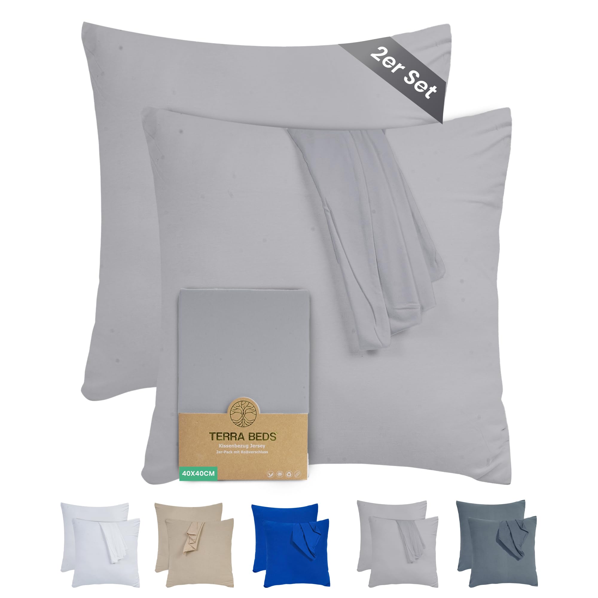 Terra Beds Kissenbezug Baumwolle Jersey 160 g/m² - Kopfkissenbezug 2er-Set mit Reißverschluss, dehnbarem gestricktem Stoff, atmungsaktiv