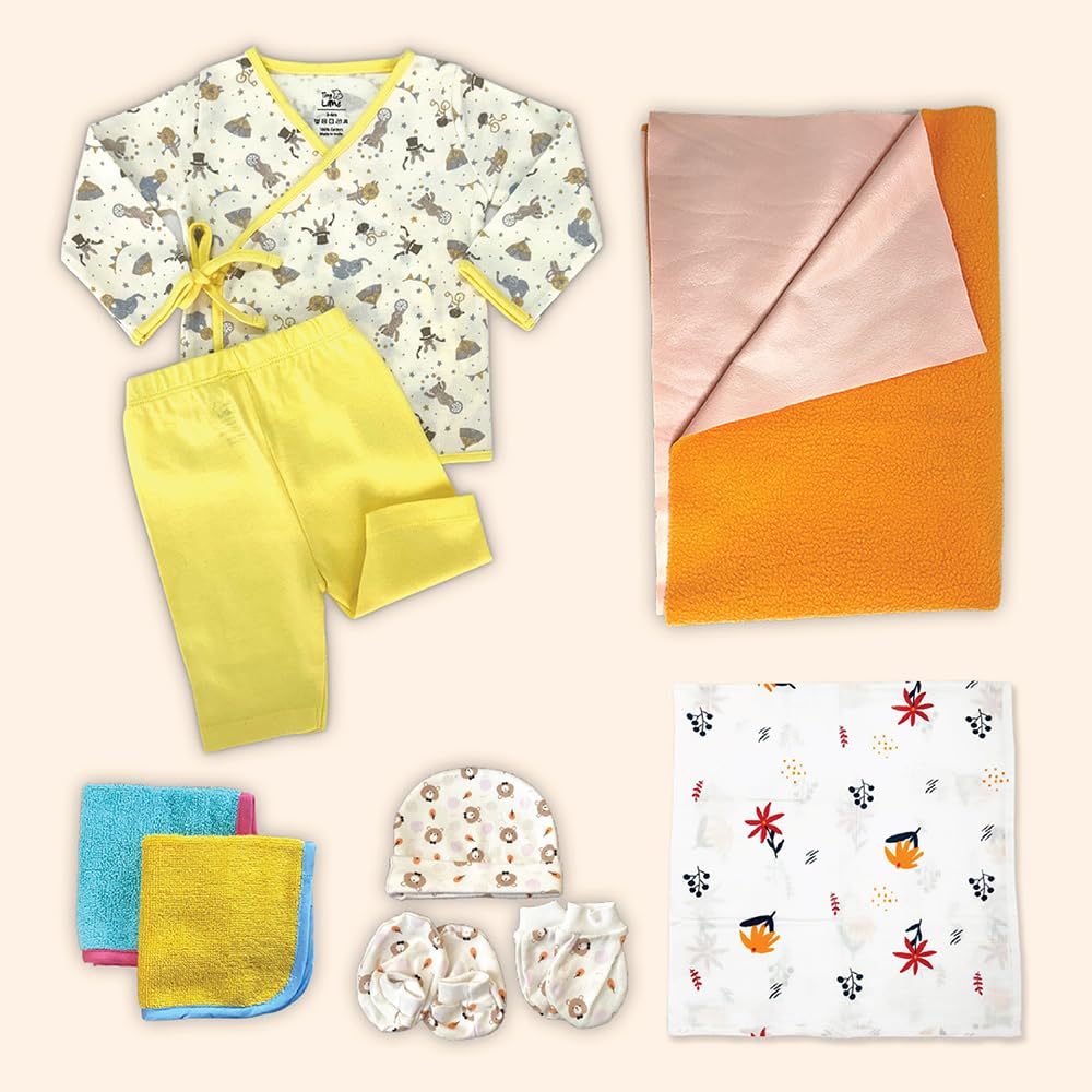 Kridlo Newborn Baby Gift Set | Premium Baby Gift Set for Newborn Boys & Girls | Eco-Friendly | Pack of 11 (6-9 Months, Swaddle, Washcloths, Cap Booties Mittens, Dry Mat & Jhabla Pant)