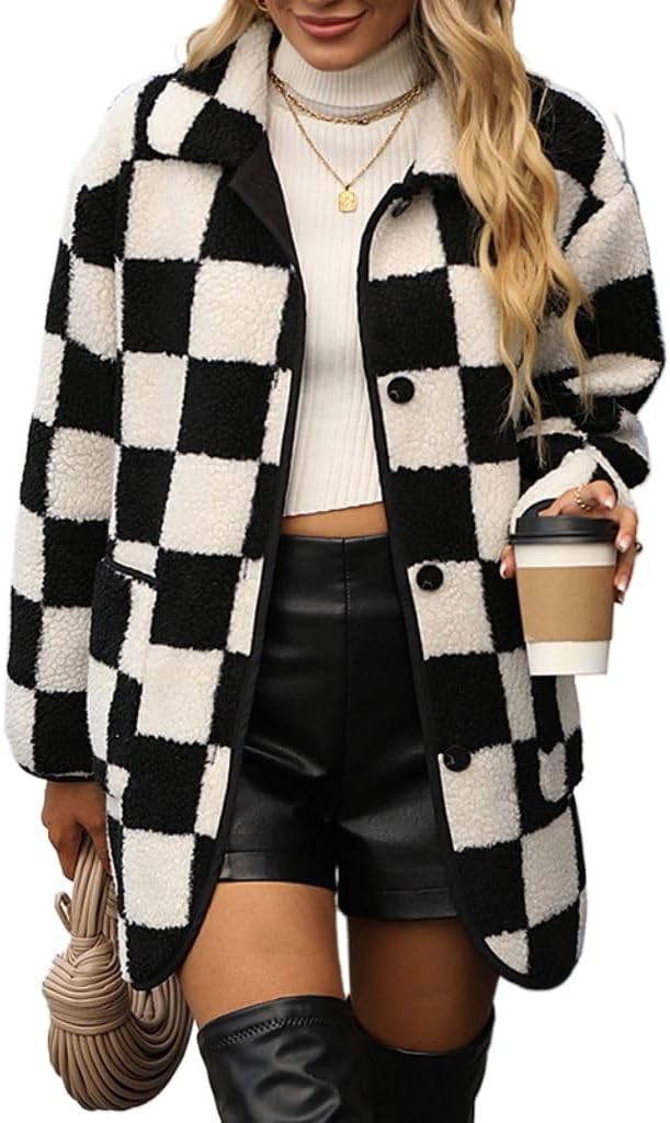 Women's Casual Wool Blend Shacket Jacket Grid Pattern Button Down Long Sleeve Plaid Lapel Coat Outwear