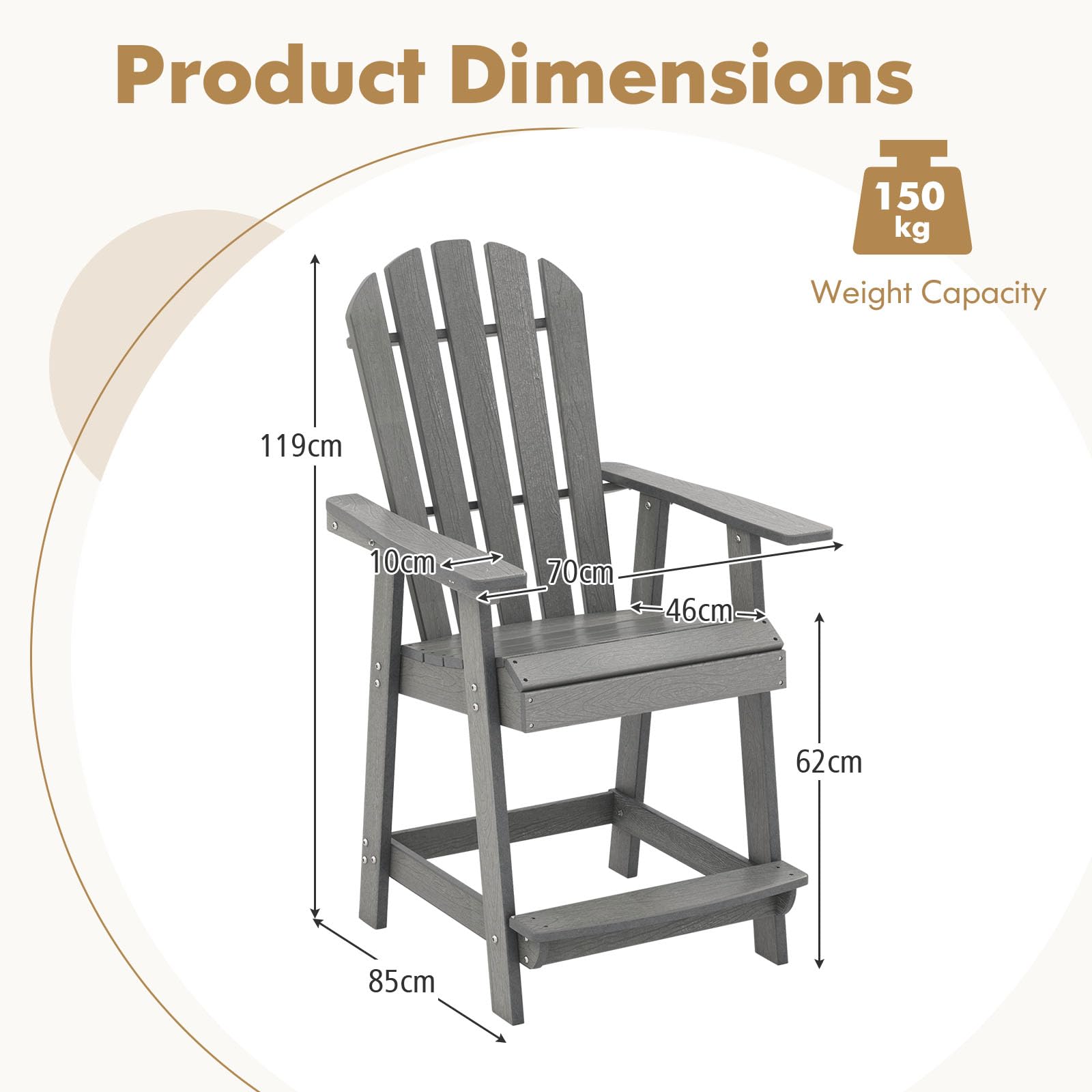 GIANTEX Adirondack Stuhl Hoch mit Fußstütze, Hochstuhl Gartenstuhl Balkonstuhl wetterfest aus HDPE, Barstuhl mit Armlehnen & lamellierte Sitzfläche & Rückenlehne, Outdoor Adirondack Chair 70x85x119 cm