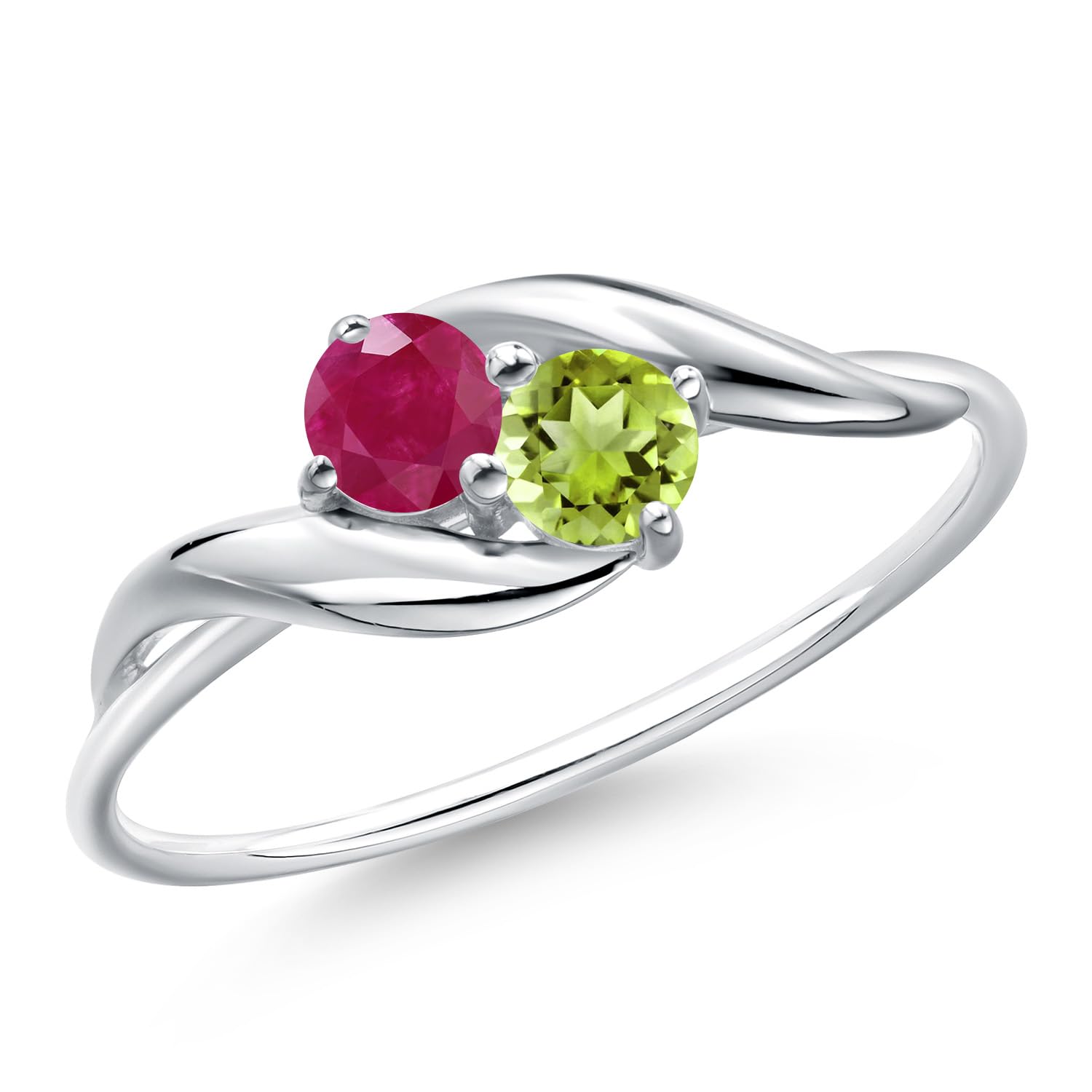 10K White Gold Round Red Ruby and Green Peridot Ring For Women | 0.46 Cttw | Round 3.5MM | Gemstone Birthstone | Wedding Engagement Anniversary Promise Ring For Women