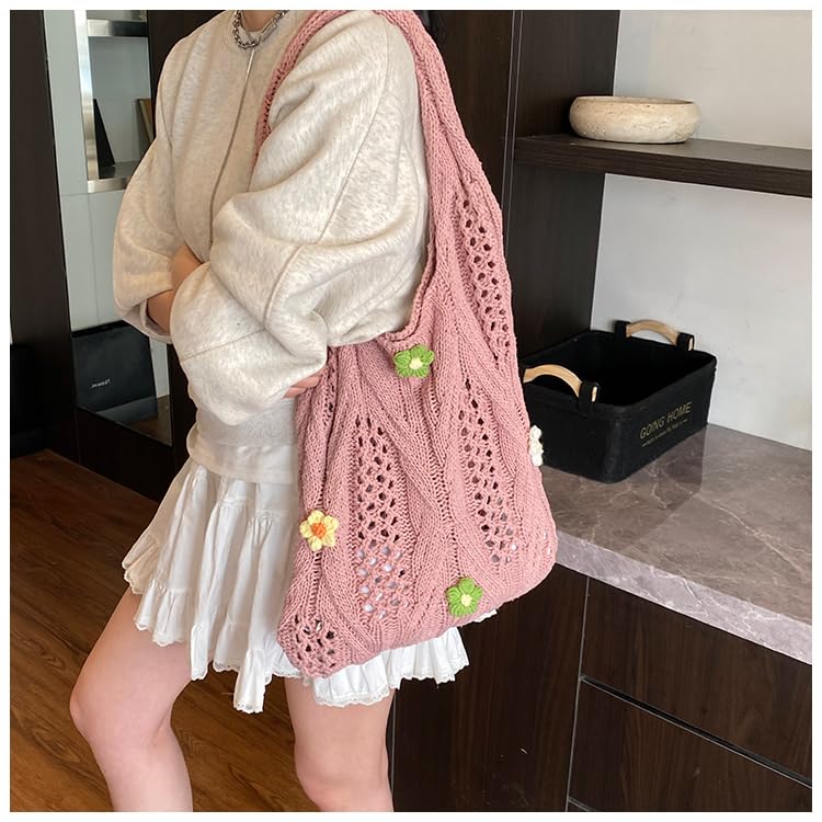 Women Wool Knitting Shoulder Bag with Flower Knitted Tote Handbag Large Capacity Aesthetic Tote Handbag Ladies Daily4