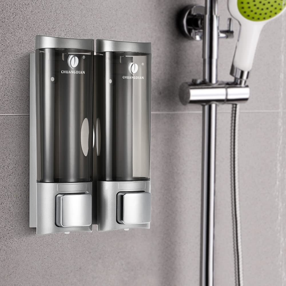 Dispensador de jabón manual para pared, sin taladrar, dispensador de jabón de mano, soporte de pared, doble líquido, dispensador de gel de ducha, para cocina, baño, hotel, 200 ml x 2
