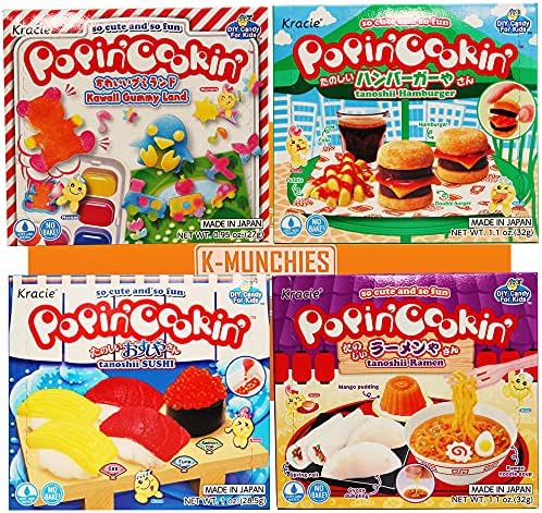 Kracie Popin Cookin Kits - 4 Pack Assorted Japanese Candy Making Kit Bundle - DIY Ramen, Hamburger, Gummi Land, Sushi Candy Poppin Cookin Kits - Edible Food Made in Japan