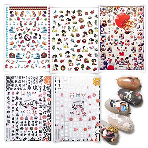 5 Sheets Japenese Nail Art Stickers Adhesive Nail Decal of Ancient Japan Decorations Hand Painted Nail Foils Ninja Comic