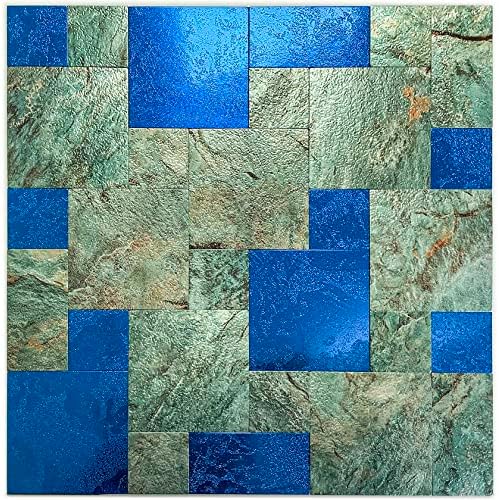 TenasHome 10-Sheets Metal Backsplash Peel and Stick Tile Stick on Kitchen Bathroom Fireplace 3D Brushed Puzzle in Blue Granite
