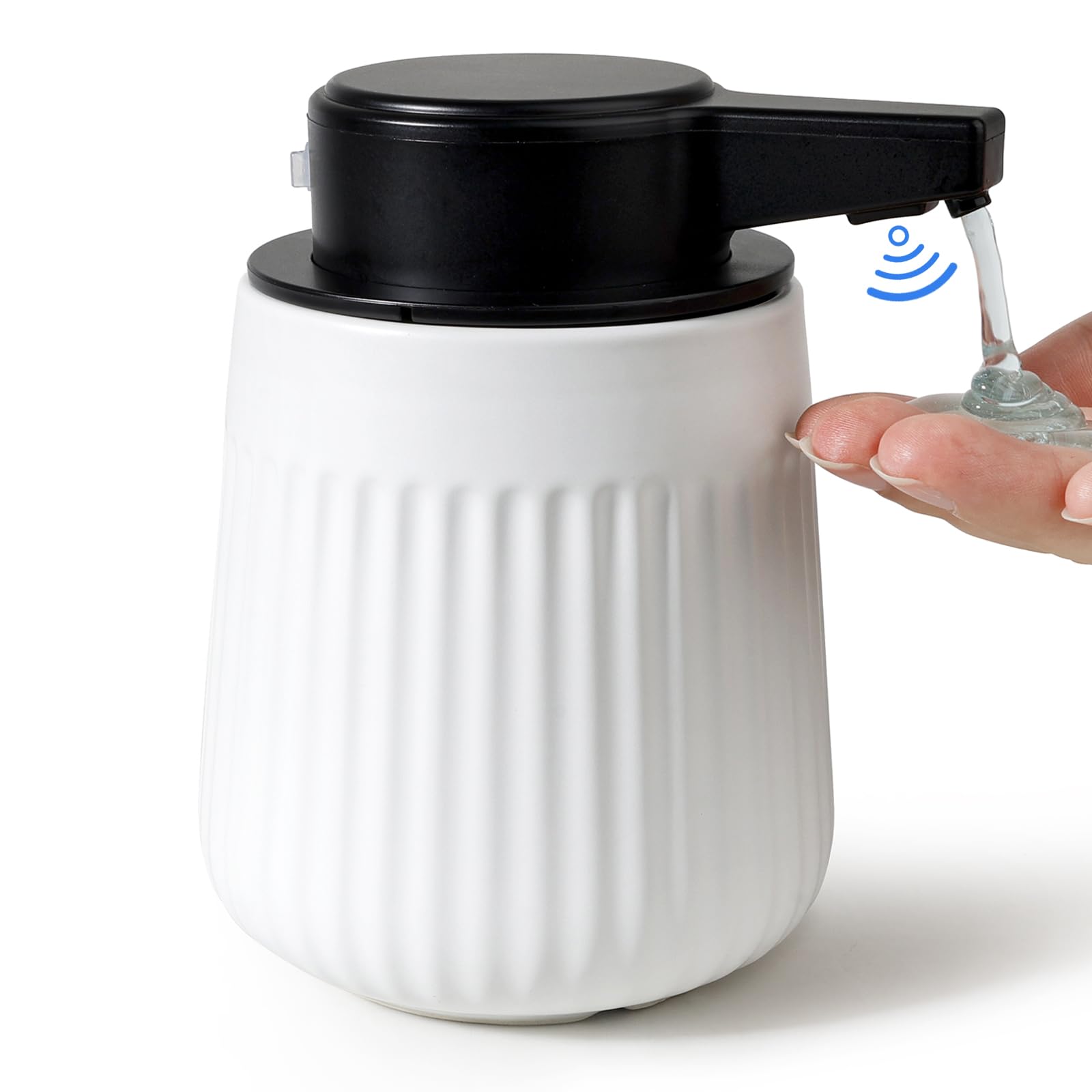 BosilunLife Dispenser automatico di sapone in ceramica con ugello a pompa esteso, 3 livelli regolabili, dispenser di sapone liquido per lozioni touchless, per bagno e cucina, design a righe, bianco