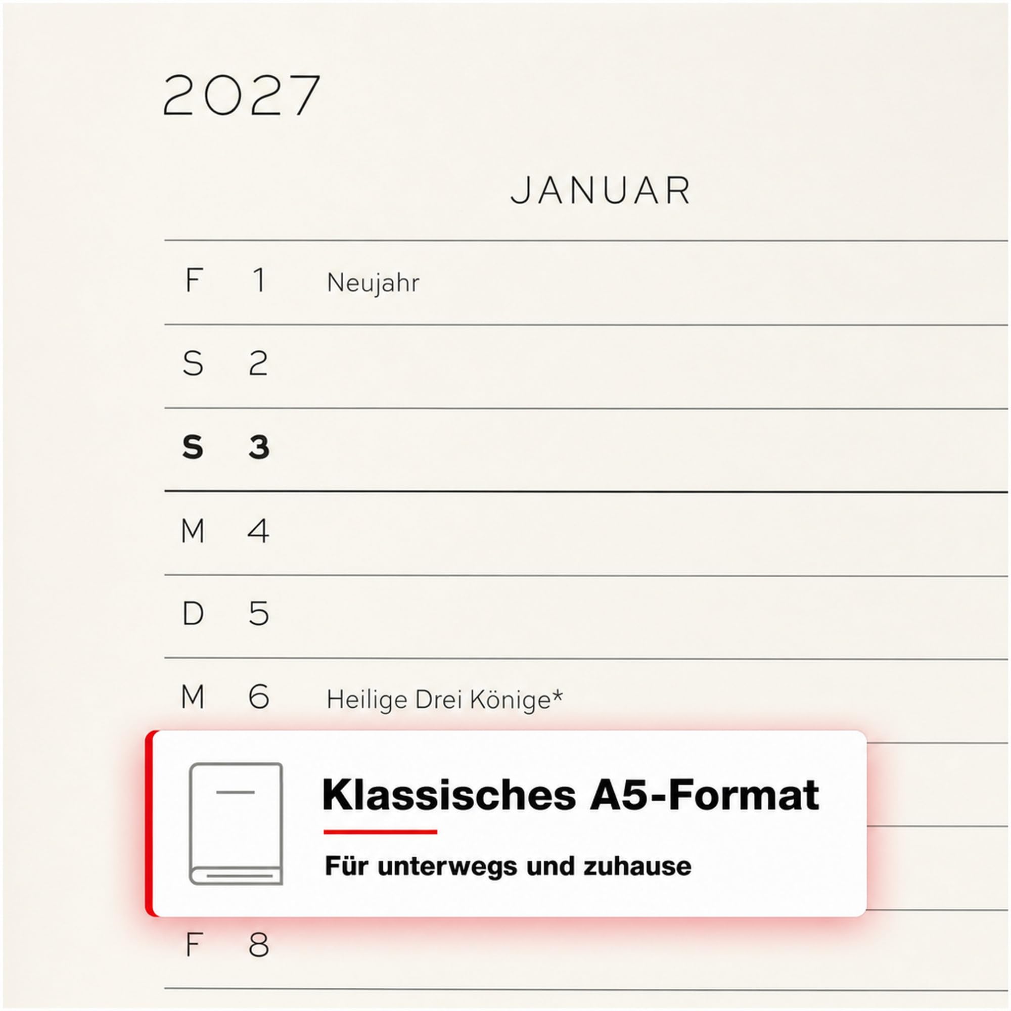 LEUCHTTURM1917 Agenda semanal 2027 A5 con cuaderno, a rayas, agenda alemana, 18 meses de julio de 2026 a diciembre de 2027, negro, tapa blanda, 210 x 145 mm, vista semanal izquierda + página de notas