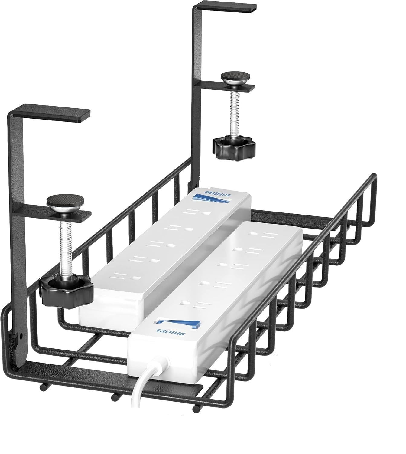 Heavy Duty 1 Pack Under Desk Cable Management Tray, Upgraded Wire Management No Drill No Screws, Cable Tray with Clamp for Desk Computer Cable Rack for Office, Home - No Damage to Desk (BLACK, 1 PACK)