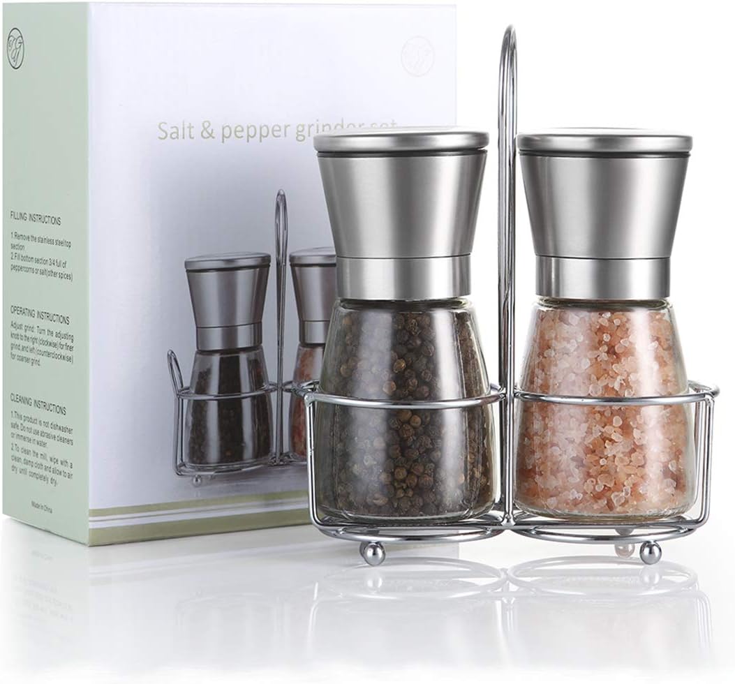 TGY Salt and Pepper Grinder Set with Stand Adjustable Coarseness Salt & Pepper Shakers Glass Mill Brushed