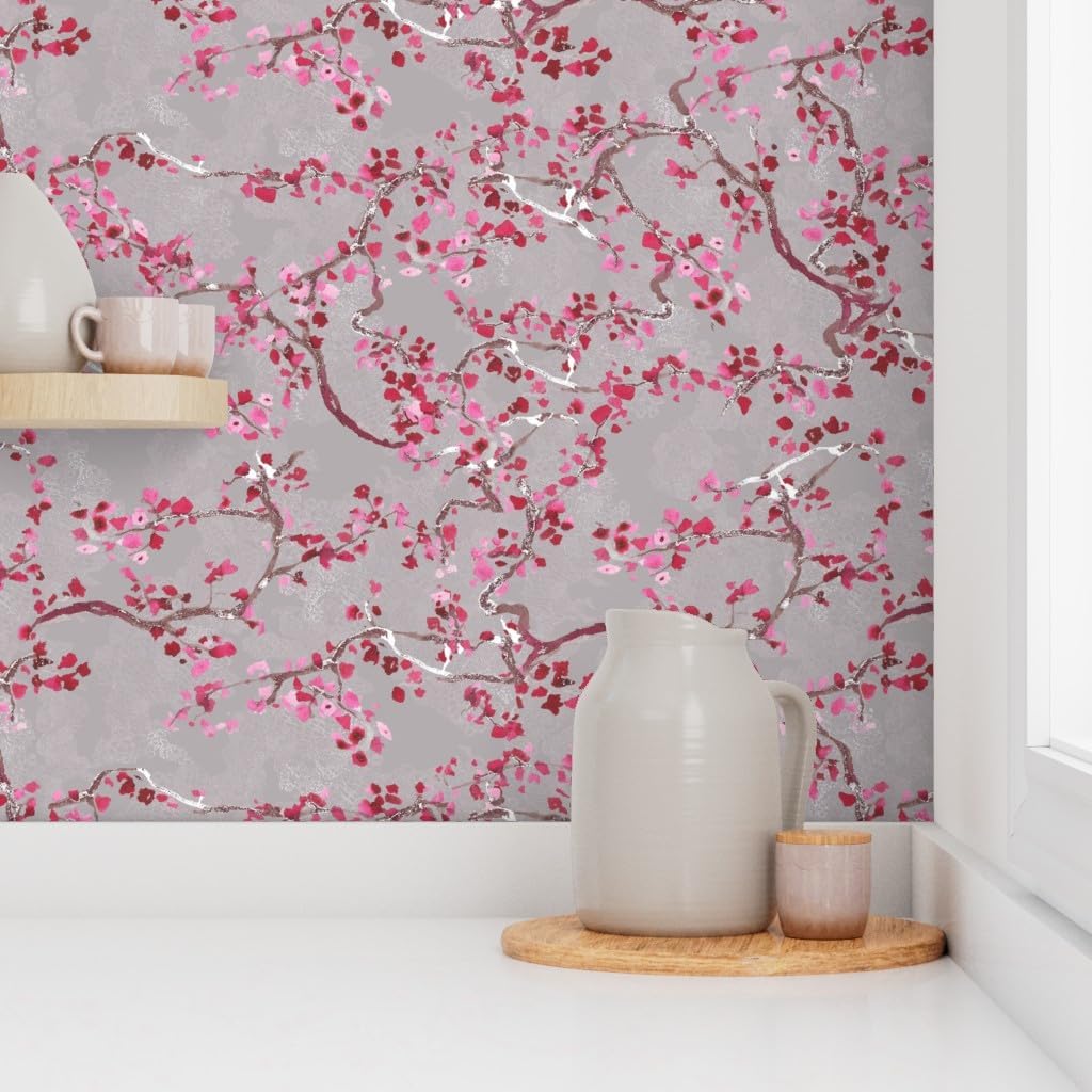 Spoonflower Removable Wallpaper 3ft x 2ft - Branches Bloom Floral Cherry Blossom Pink Gray Custom Pre-Pasted Wallpaper