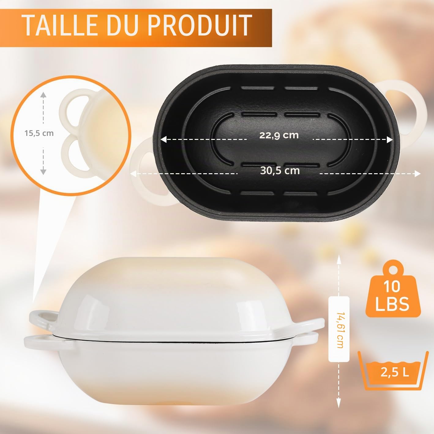 Moule à pain en fonte avec couvercle, 23 cm, en fonte émaillée, cocotte avec couvercle, 2,75 l, idéale pour le pain, le pain, le four, dégradé de couleur blanche