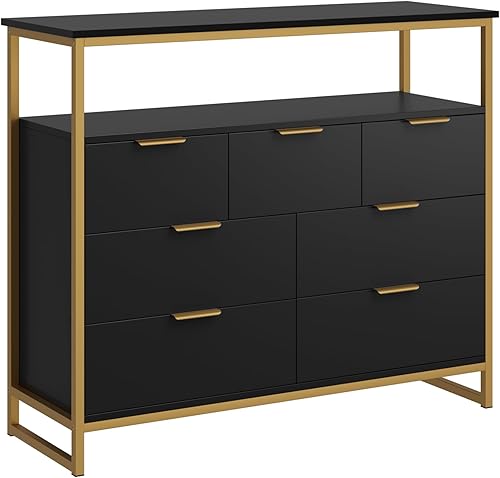 Miniatura 8 de Cómoda de 7 cajones, cómoda negra, cómoda ancha con asas de metal, organizador de almacenamiento de gran capacidad para sala de estar, entrada,
