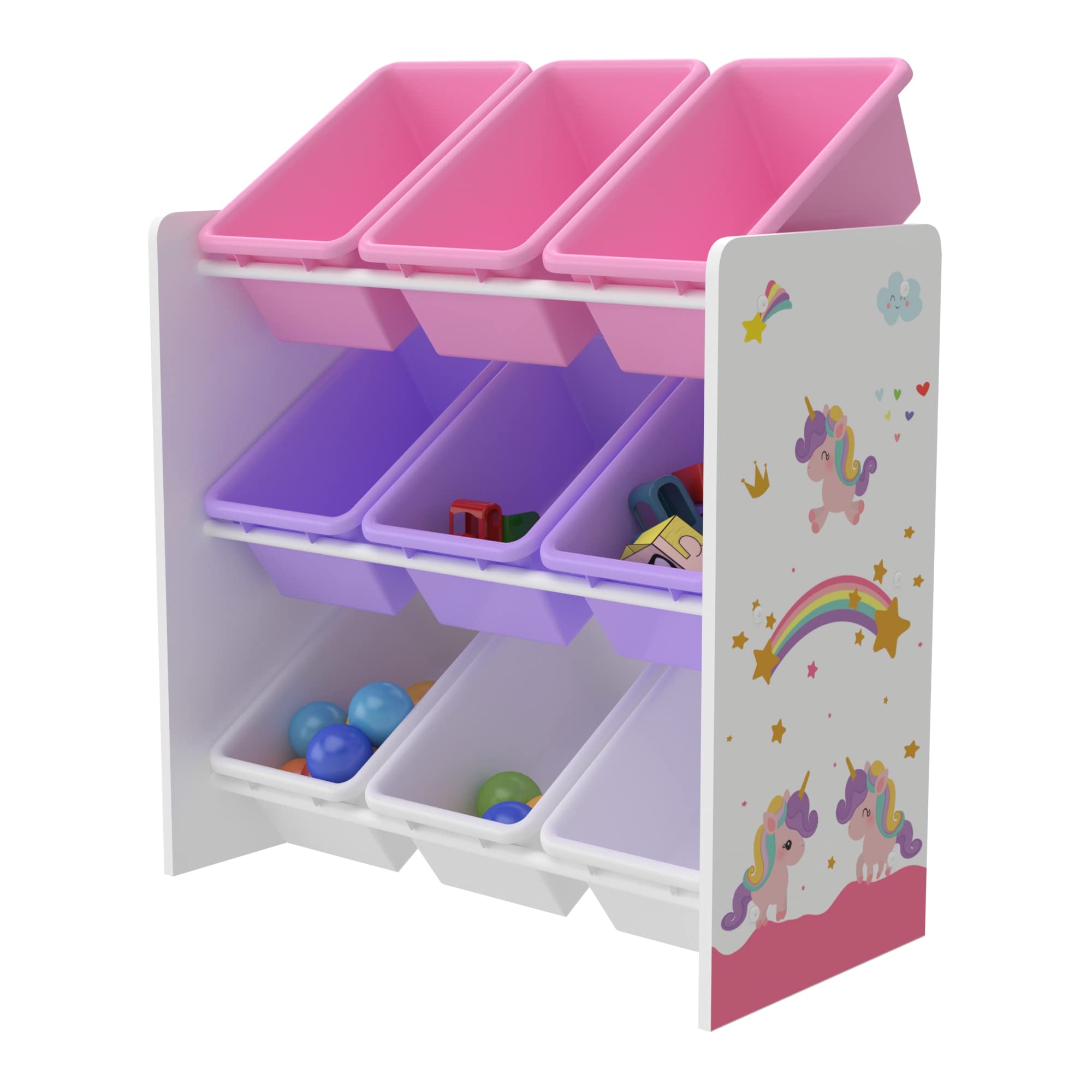 [en.casa] Estantería para Niños Organizador de Juguetes Motivo de Unicornio de 3 Niveles 9 Cajas Aglomerado/Plástico 60 x 62 x 27 cm - Blanco y Violeta/Rosa