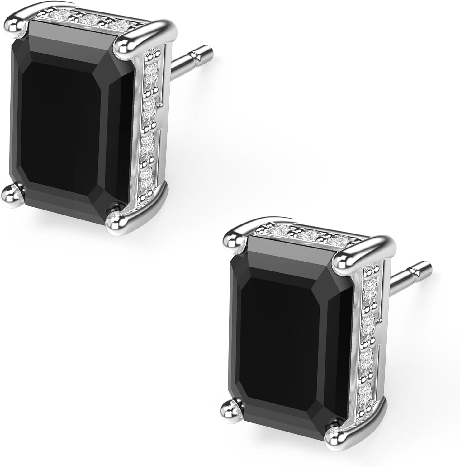 18K White Gold Plated Sterling Silver Emerald Cut Cubic Zirconia Stud Earrings for Women Men Rectangle CZ Diamond Stud Earrings