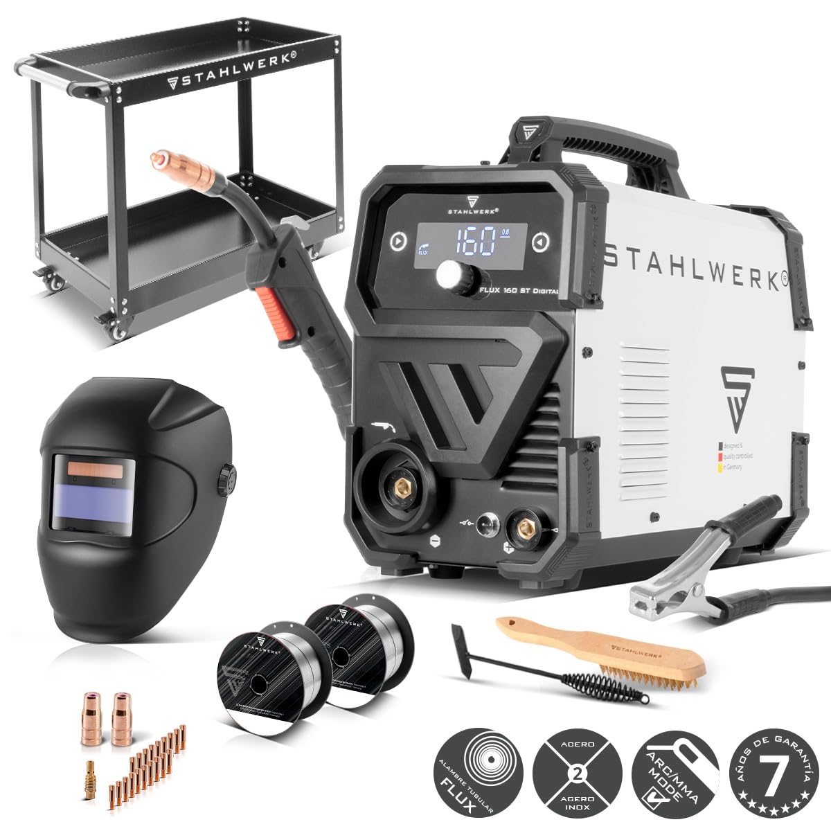STAHLWERK Soldadora FLUX 160 ST Digital – combinada 3 en 1 con 160 A | Equipo completo con carro
