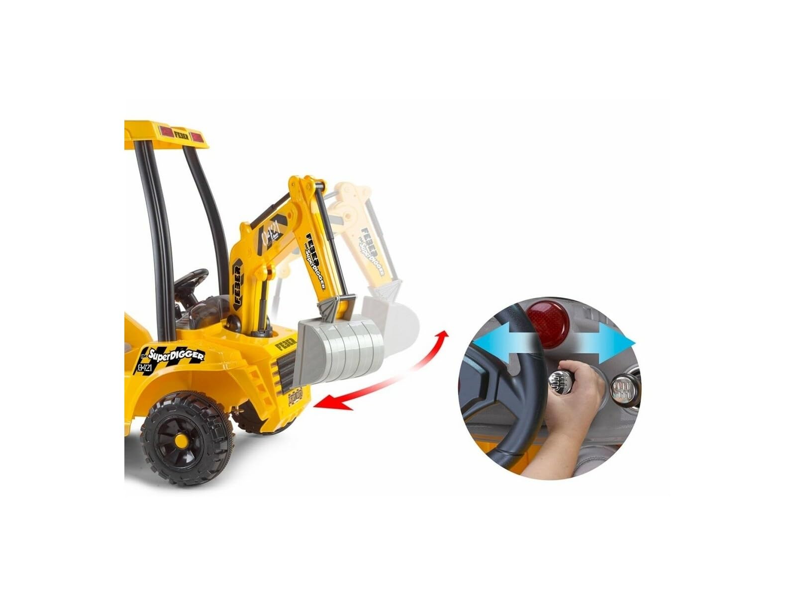 FEBER Super Digger, 12 V bateria koparka z ładowarką, realistyczne szczegóły, 3 dźwignie zmieniają kierunek łopaty, dzieci 3 lata+, obsługiwana waga 30 kg, słynna (FEB17000)