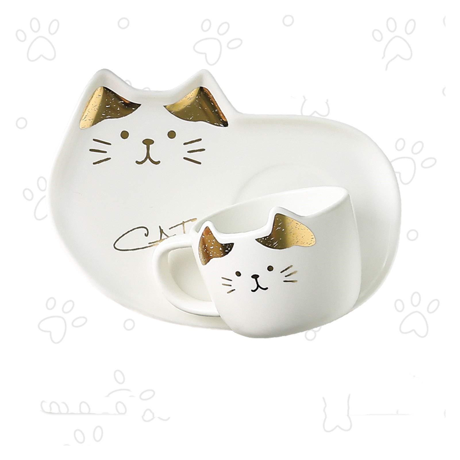 UYUME Personality Coffee Cup, 200ML Cartoon Ceramics Cat Mug Set With Saucers Spoon Coffee Milk Mugs Cute Creative Breakfast Drinkware Porcelain Cup And Saucer Set (Color : White)