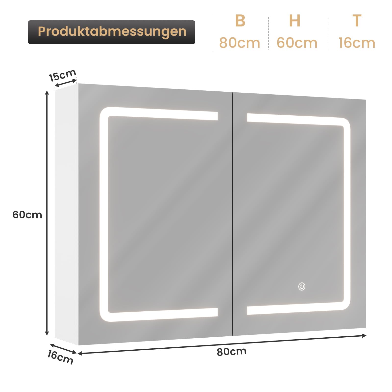 DICTAC Badezimmer spiegelschrank mit Beleuchtung 80x60x16cm Spiegelschrank Bad mit LED und Steckdose 80 cm Breit Doppeltür Badschrank mit Spiegel und Ablage,Hängeschrank,Berührung Sensorschalter,Weiß