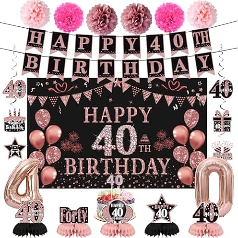 Trgowaul 40th Birthday Decorations for Women, 21pcs Rose Gold Happy Birthday Party Supplies, Backdrop, Hanging Swirl Flag, Birthday Balloons, 40 Year Old Birthday Set Cover