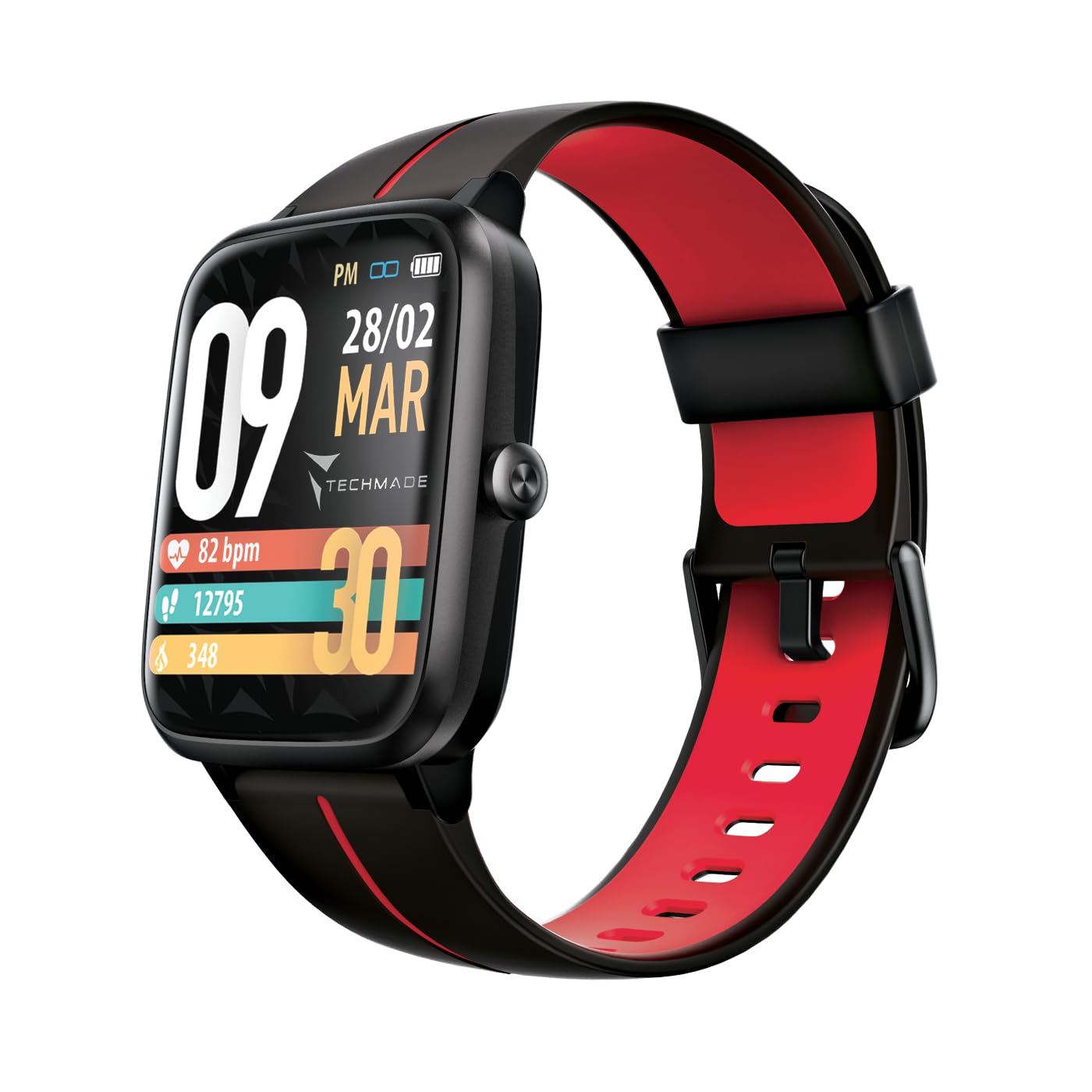 TECHMADE MOVE Smartwatch Unisex con Contapassi, Frequenza Cardiaca, Sonno, Sport CON GPS INTEGRATO, per attività in door e out door | Android e iOS (cinturino nero con riga rossa)