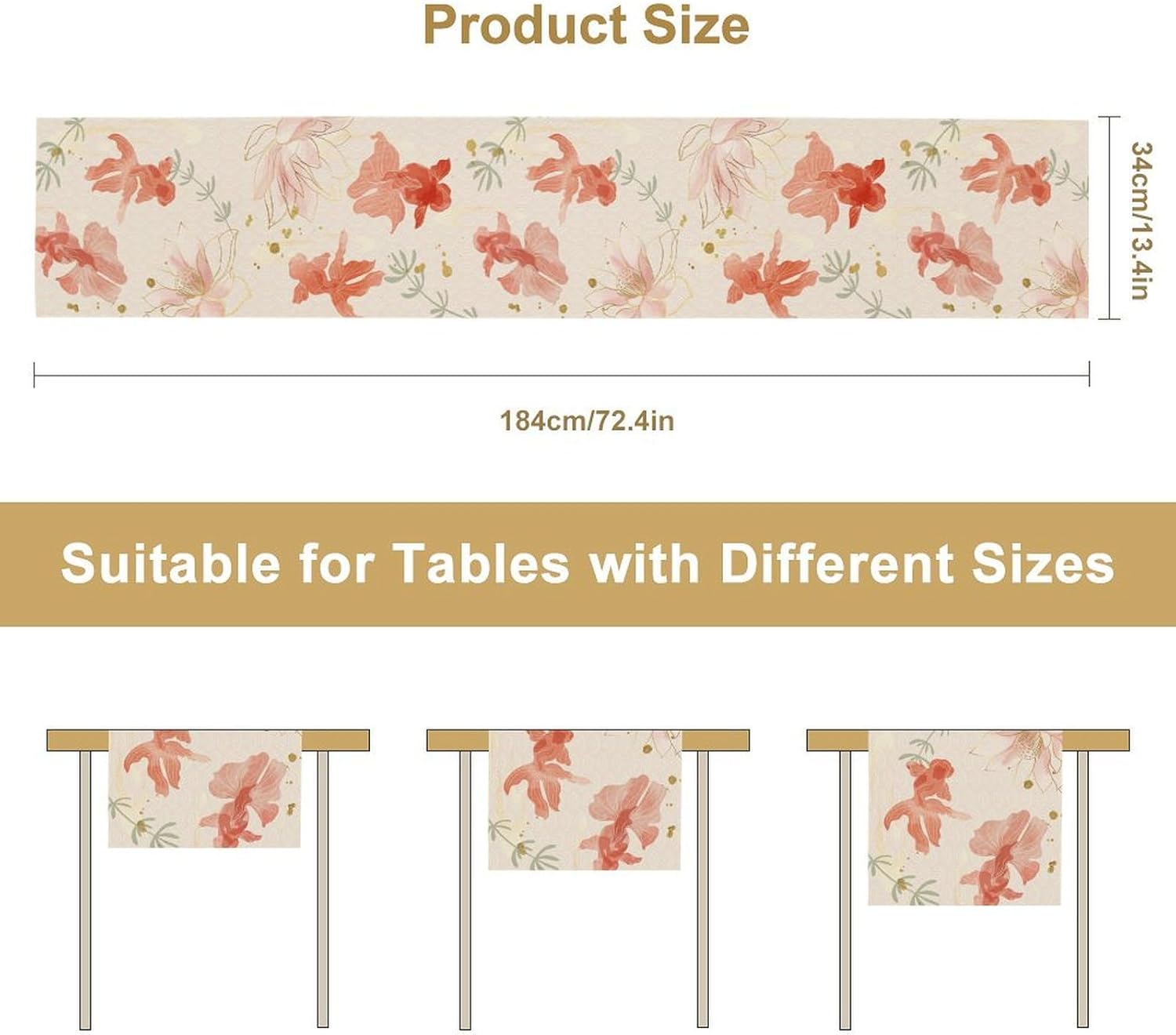 Chinese Goldfish Lotus Table Runner, Asian Oriental Line Art Ink Painting Traditional Culture Table Runner for Home Party Living Room Dinner Kitchen Set, 13x108 Inch