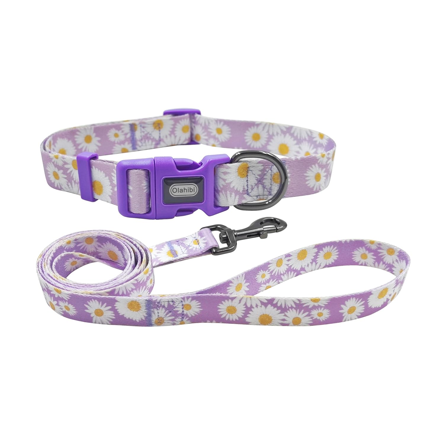 Olahibi Dog Collar Leash Set, Floral Pattern, Polyester Material, Adjustable Collar and 150CM Matching Leash, for Small Dogs.(S,Light Purple Daisy) — image 1