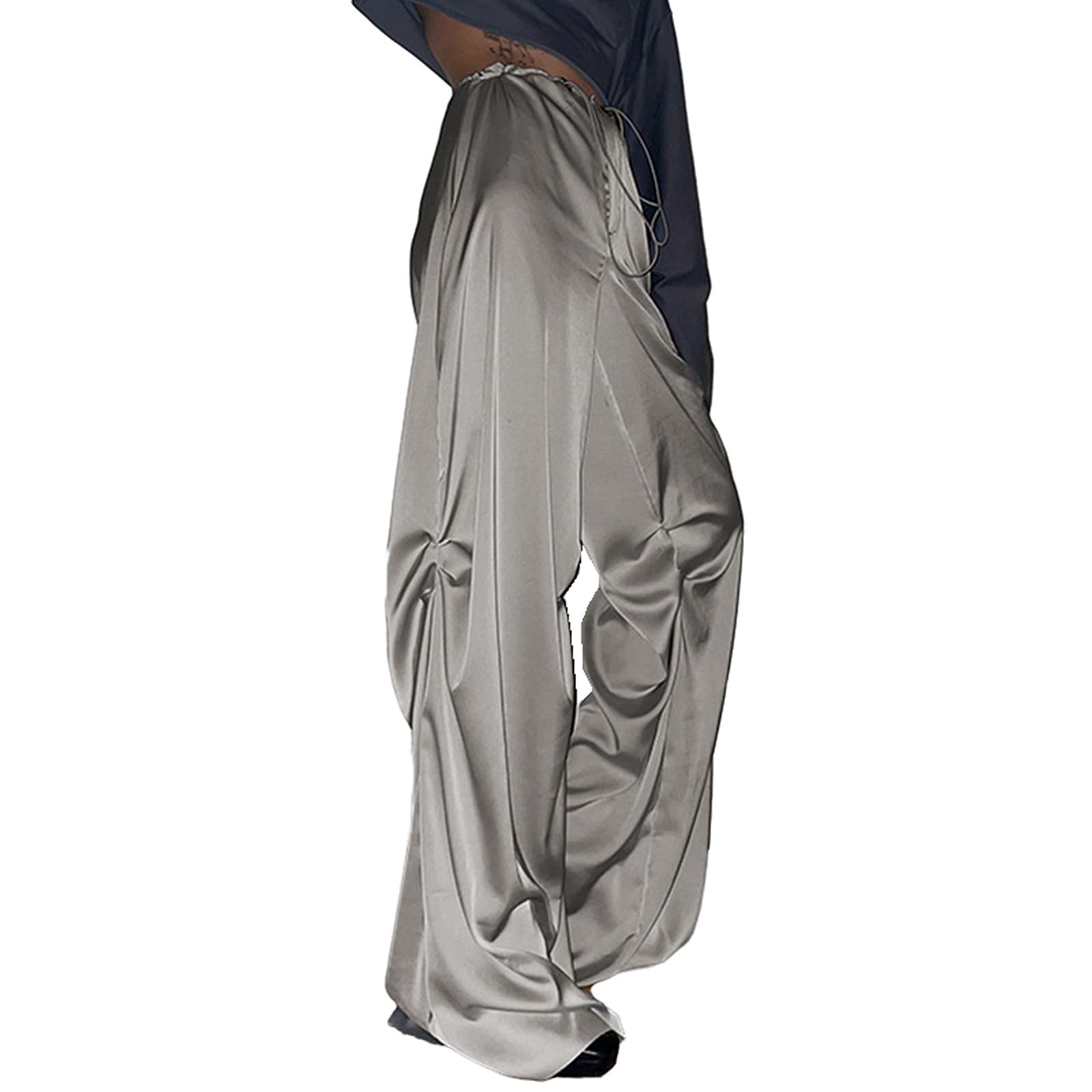 Womens Drawstring Elastic Waist Athleisure Pants Joggers with Pocket Loose Wide Leg Straight Trousers Gray S