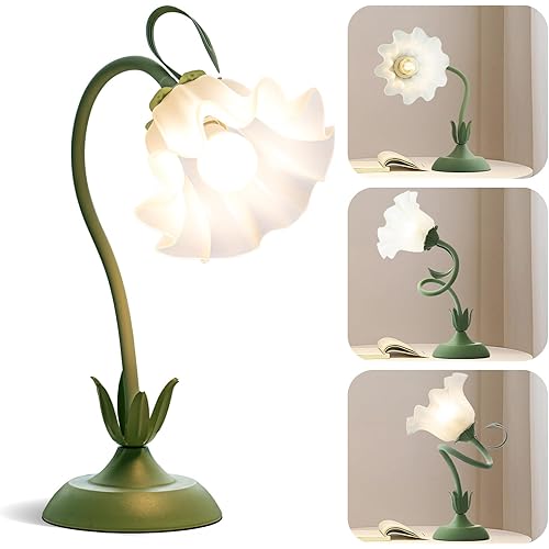Flower Table Lamp,Bedside Flower Night Light LED Reading Lamp,3 Color Modes Vintage Gooseneck Desk Lamp with E26 Bulb,Kawaii Aesthetic Decor for Bedroom Living Room