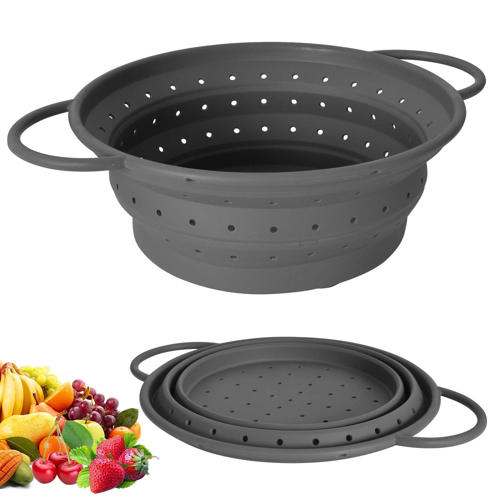 Set 2 Colini Pieghevoli in Silicone per Cucina,Scolapasta Estensibile con Manico -Cestino Lavaggio Verdure/Frutta,BPA Free,33.4cm & 28cm, Antiscivolo
