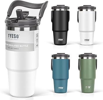 TYESO Tumbler with Handle,Tumbler with Straw, Vacuum Insulated Water Bottle,Double Wall Stainless Steel Coffee Cup Travel Mug Leak Proof Flip White, 30 oz