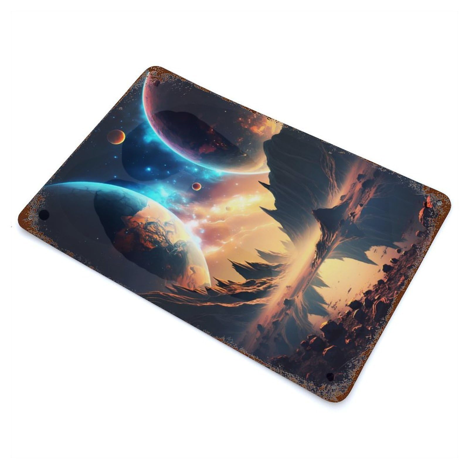 Double Planet Landscape Decorative Tin Sign 11.8"x7.9", Ideal for Garage, Bar And Workshop Decor