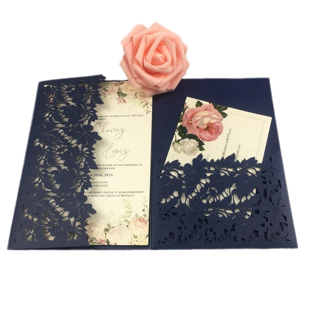 Faire-Part De Mariage Kit de 50 Cartes d'invitation de Mariage à Trois Volets découpées au Laser, Feuilles Vertes et Bleu Marine, Pochette d'invitation personnalisée(Blue1,Laser Cover Only)