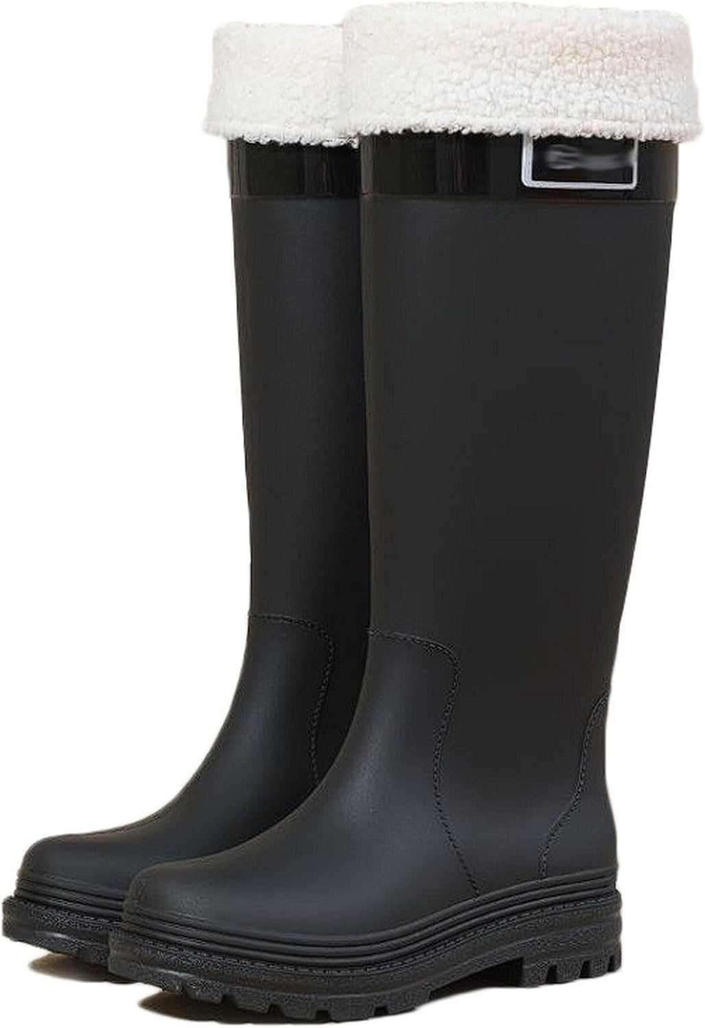 Women's Waterproof Rain Boots with Removable Liner, Non-Slip Kitchen Rubber Boots Low Block Heel Trendy Mid-Calf Overshoes Water shoes(Black 1,8)