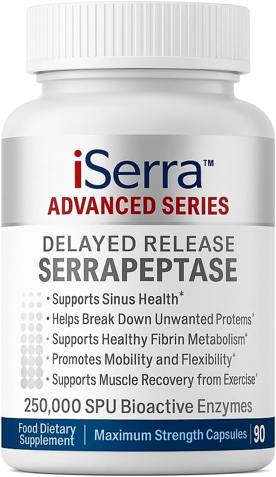 iSerra Advanced Series Serrapeptase 250,000 SPU Per Capsule (500,000 SPU per 2 Caps) | Maximum Strength 12× Potent Serratiopeptidase | 90 Delayed-Release Vegan Capsules | Ultra-Pure Non-GMO Enzyme