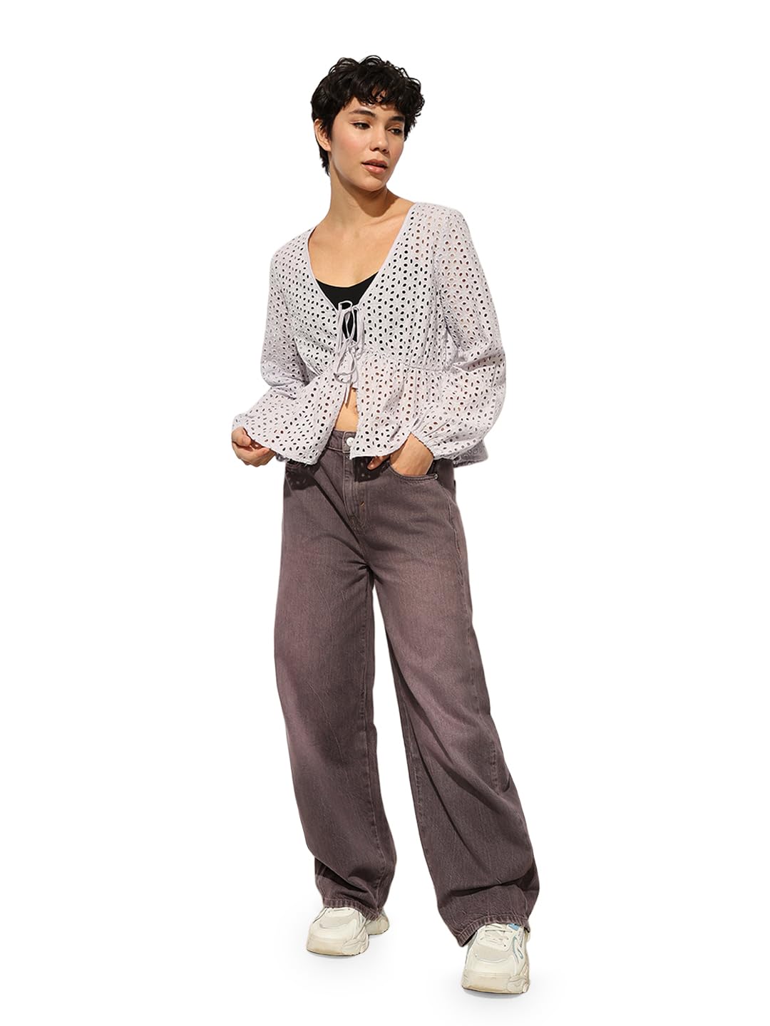 only Women's Cotton Schiffli Blouson Front Knot Tie Top-picture-35