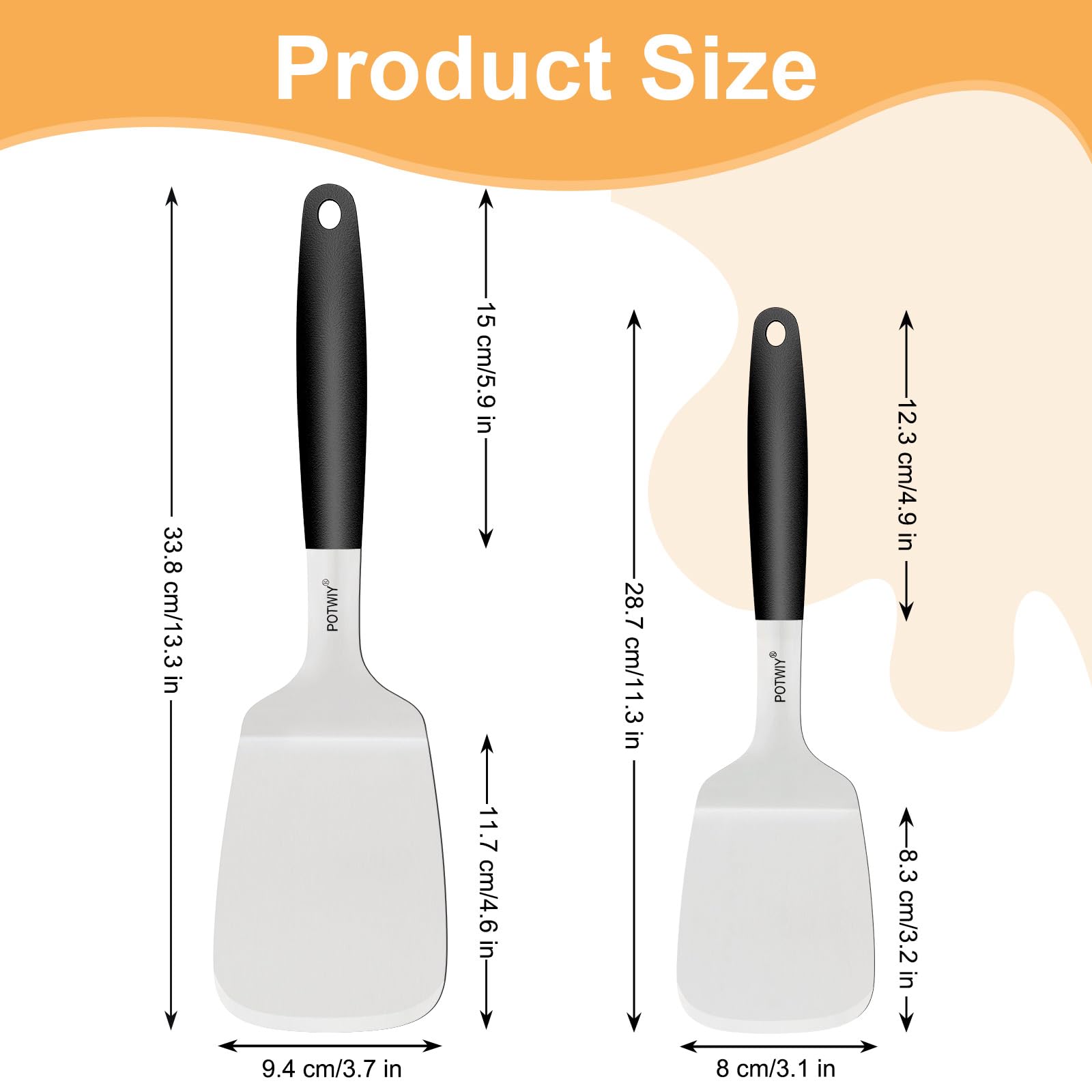 Juego de 2 espátulas de acero inoxidable, espátula de metal de 13.3 y 11.3 pulgadas para cocinar sartén de hierro fundido y parrilla plana, volteador resistente con mango de silicona para