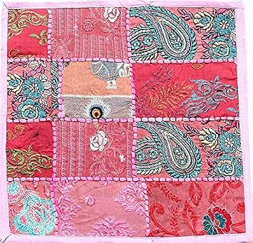 Sophia-Art Indian Decorative Cushion Cover Cotton Patchwork Embroidered Sequin Beads Ethnic Flowers Leaves Geometric Square Scatter Floor Pillow Case Fits Baby Pink Scatter Square, 16" x 16"