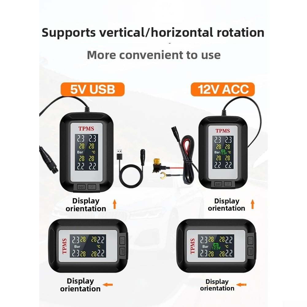 Manometro digitale TPMS senza fili con app di controllo mobile per moto, camion, camper, spegnimento automatico, monitoraggio della temperatura, grande schermo LCD, alimentazione 12 V