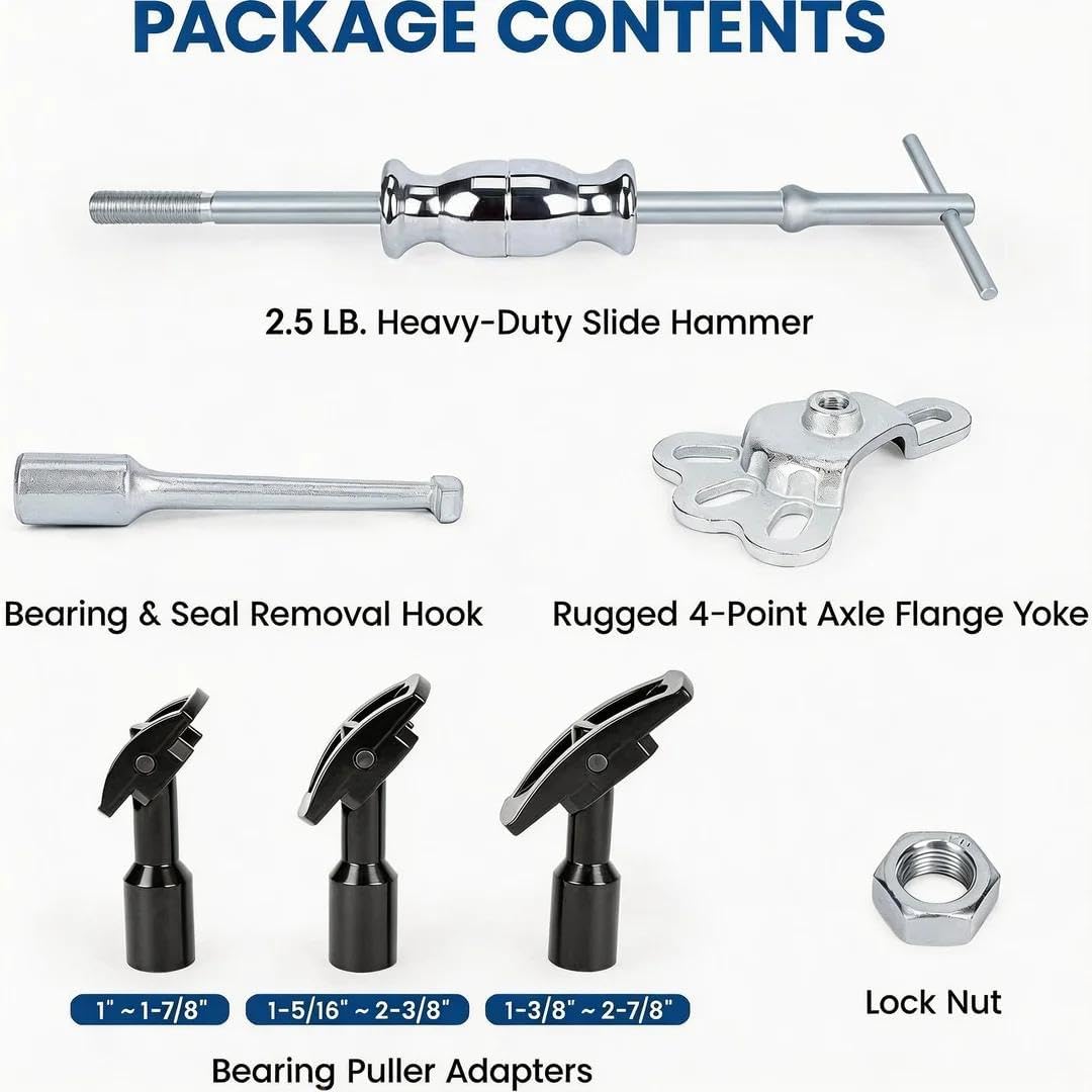 Rear Axle Bearing Remove Puller Tool Kit Bearing Remover Set with Slide Hammer Yoke and 3 Adapters, 1" to 2-7/8" IDs