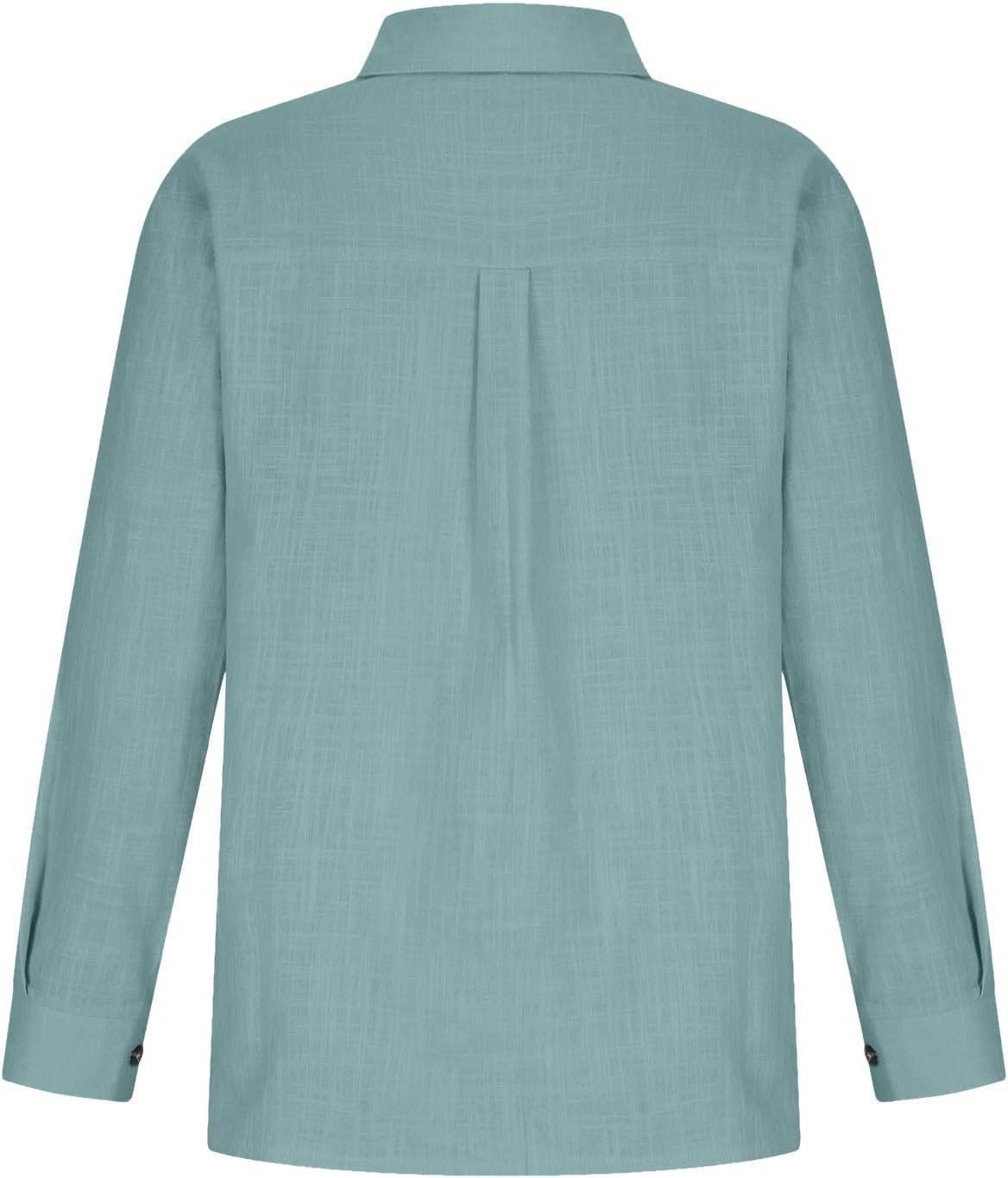 Women Linen Button Down Collared Shirts Casual Roll Up Long Sleeve Gauze Blouses Lightweight Business Oversized Tops