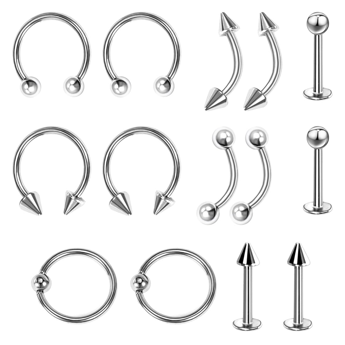 Set de Piercing Nasal Acero Quirúrgico 14 Piezas Pendientes Ceja Tragus Helix Aros Nariz Labio Labret Joya (1.2*8mm) Plateado