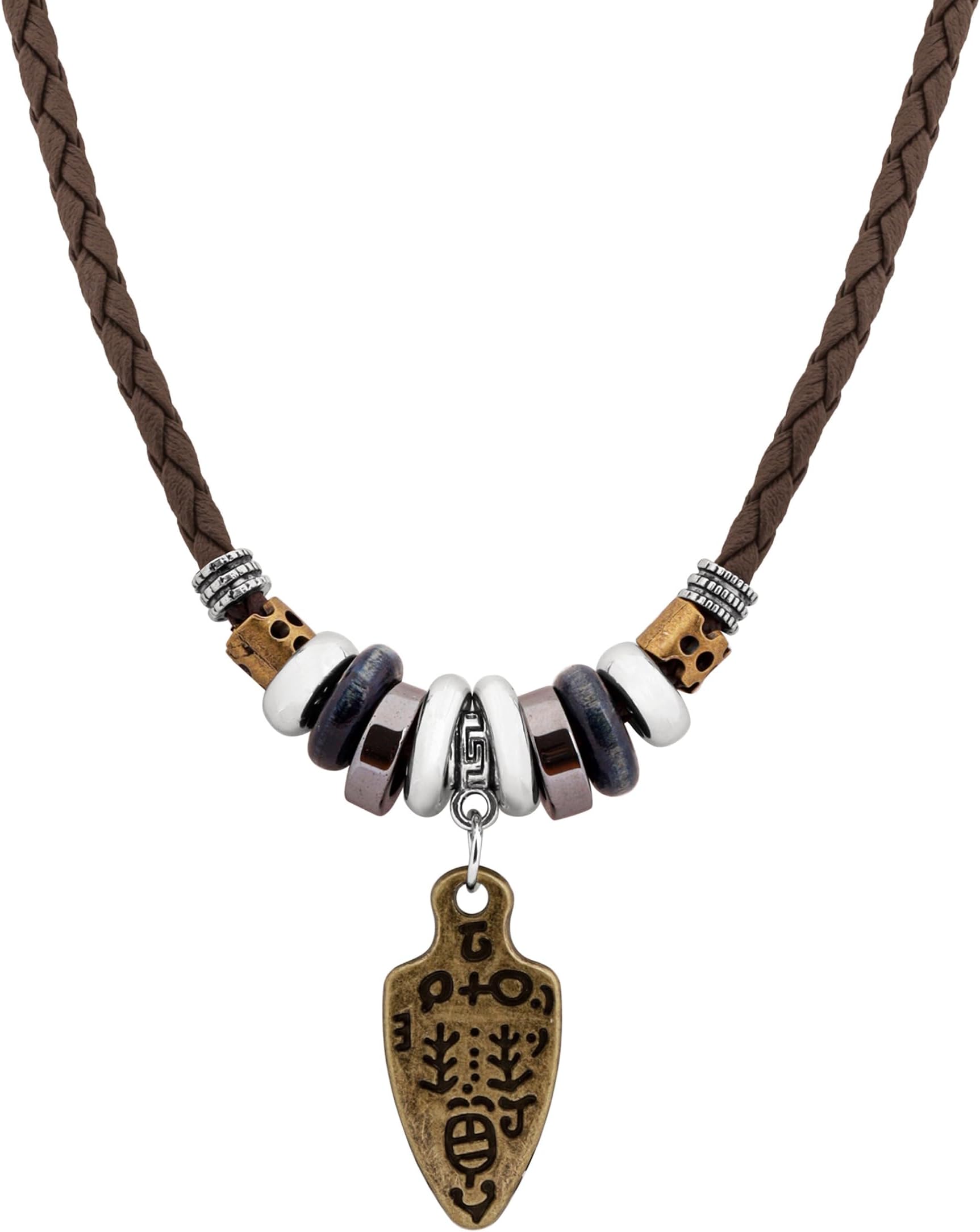 Boho Leather Necklace Antique Tribal Pendant, Boho Jewelry Gift for Men and Women