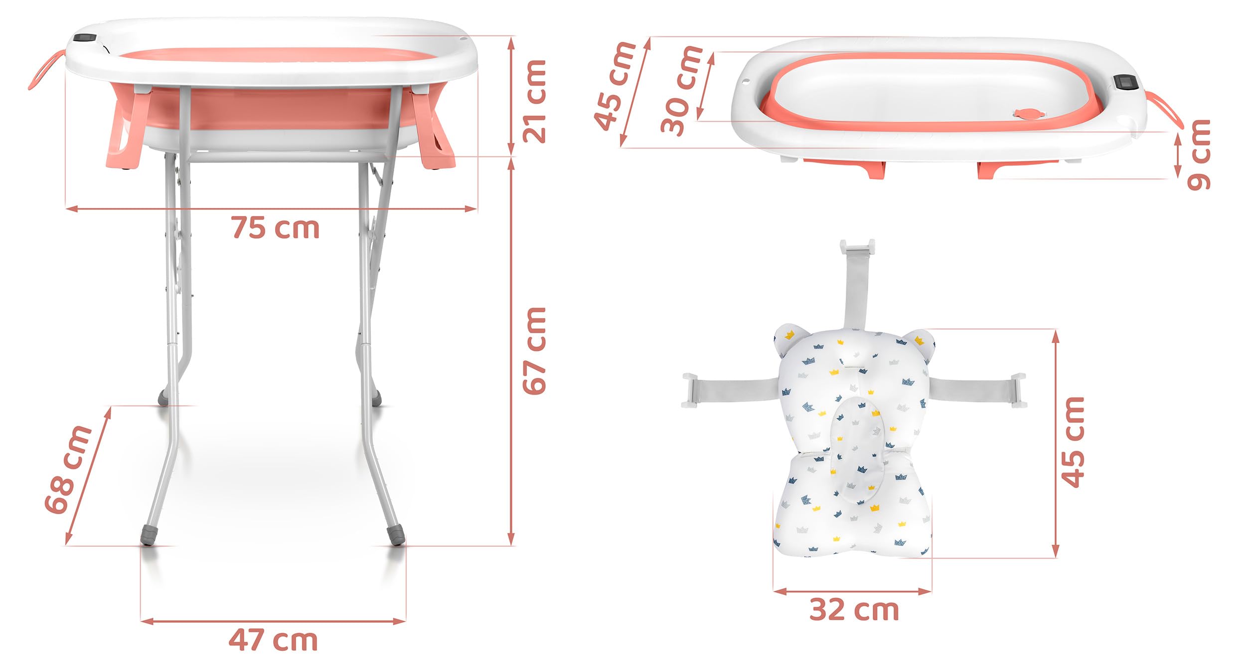 Ricokids Baignoire pour bébé avec support, thermomètre et coussin de bain, pliable, légère et antidérapante, blanc/rose