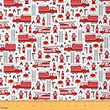 Fire Truck Fabric by The Yard, Red Kids Boys Sewing Decor Fabric - Fire Hydrant & Extinguisher Prints, 1 Yard