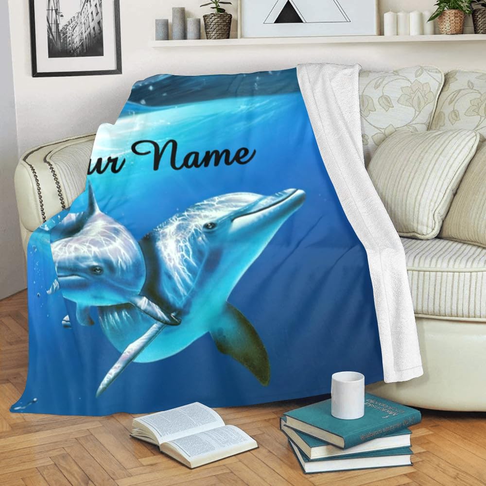 Custom Blanket with Name Text,Personalized Dolphins Underwater Super Soft Fleece Throw Blanket for Couch Sofa Bed (50 X 60 inches)